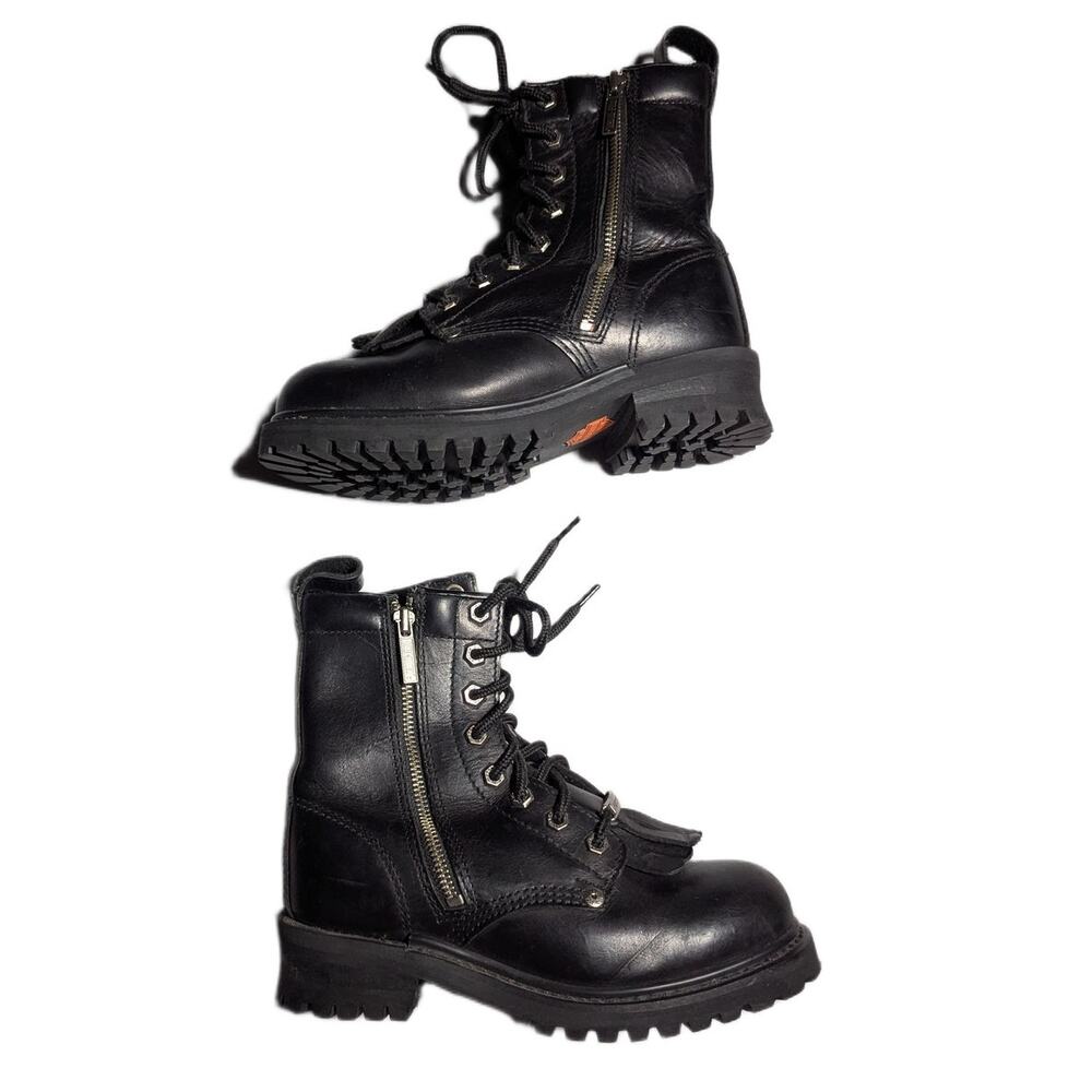 Harley Davidson Women's Black Leather 82041 Exposed Zip Kiltie Logger Boots 6.5